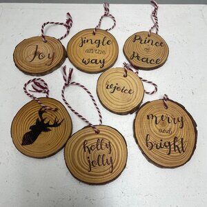 Assorted Christmas Wood Ornaments Set of 7 - Rustic Holiday Decor